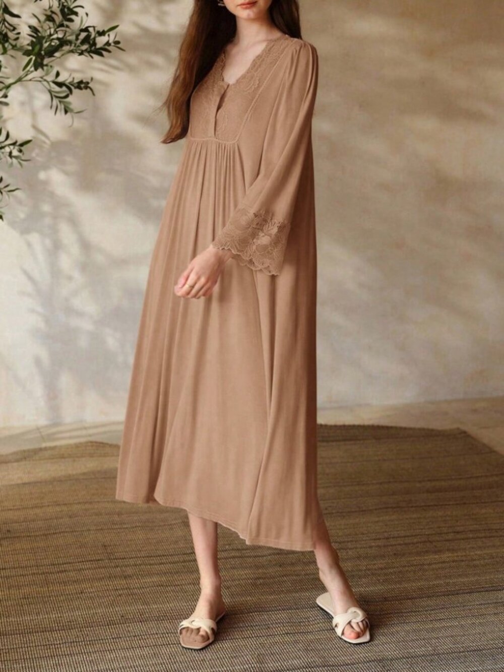Tan Lace Trim V Neck Long Sleeve Knit Midi Lounge Dress